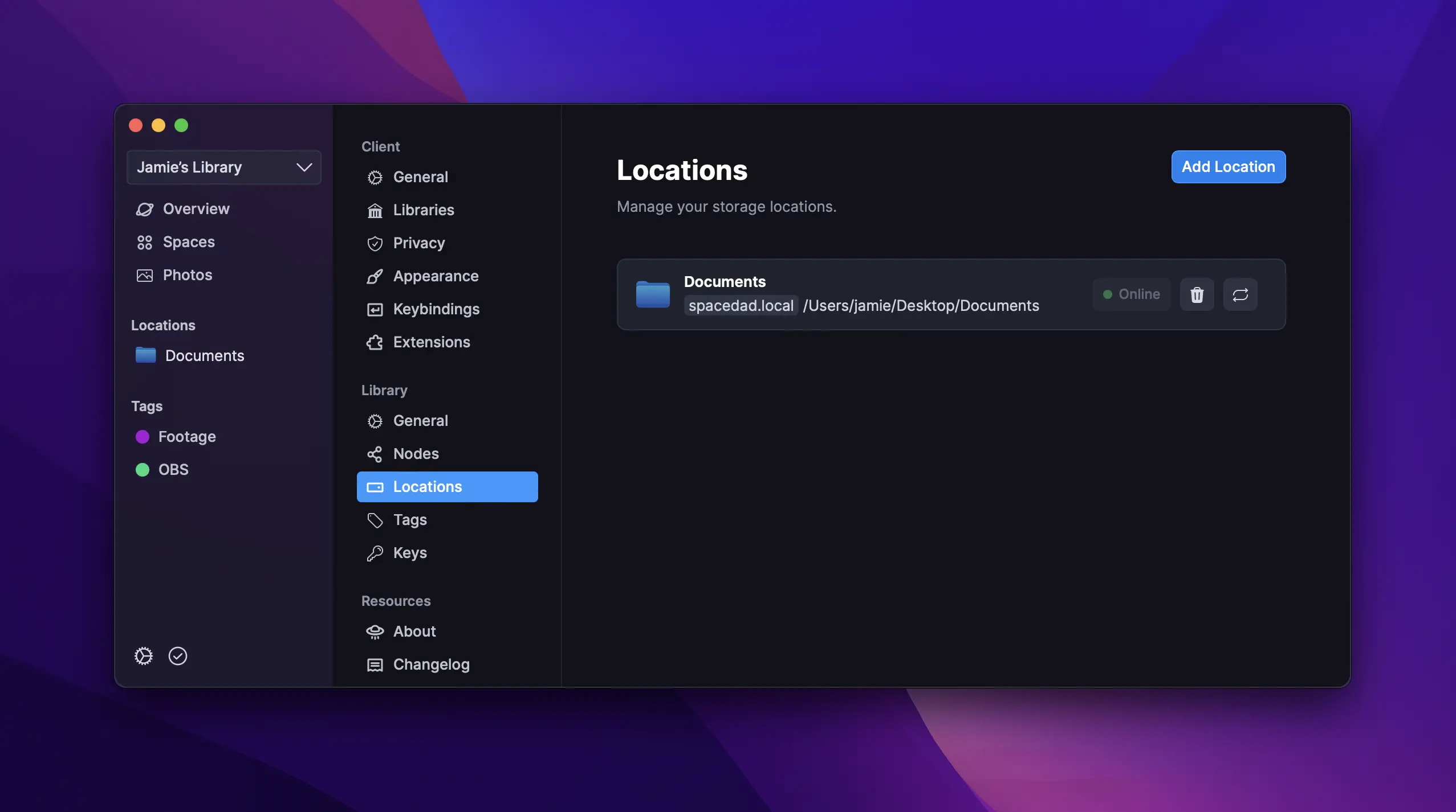 Spacedrive Locations from the Settings view